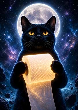 Black Cat Holding Toilet Paper in Space
