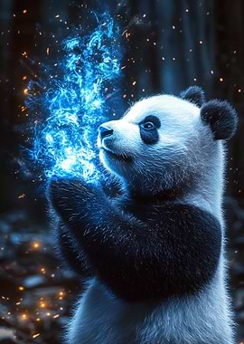 Panda holding blue magical fire