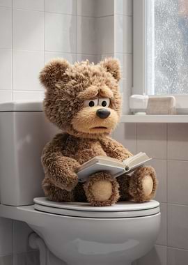 Teddy bear reading on toilet
