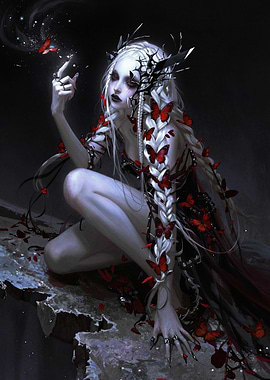 Gothic Elf Woman with Red Butterflies