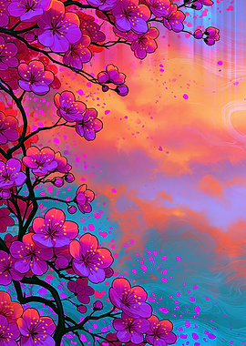 Vibrant Cherry Blossoms at Sunset