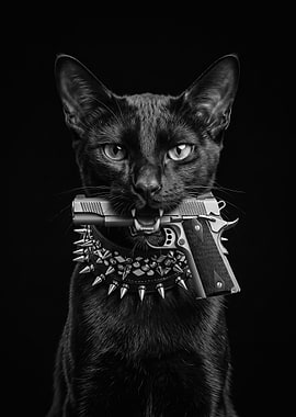 Black Cat with Gun and Spiked Collar