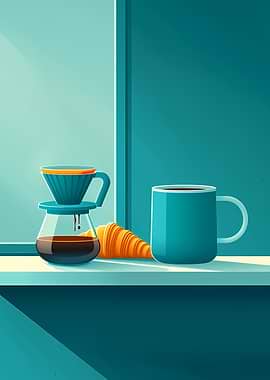 Coffee and Croissant Morning Scene on Minimalist Flat Illustration