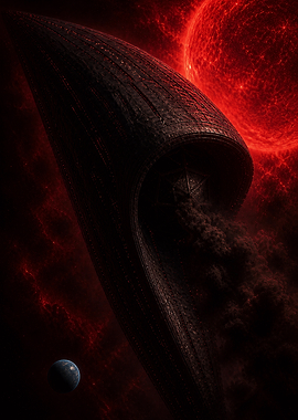 Alien spaceship near a red sun and Earth