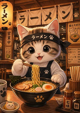 Cute Cat Chef Eating Ramen