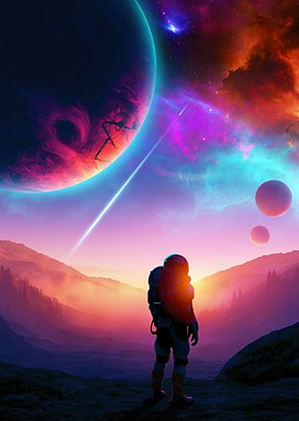 Astronaut Gazing at Alien Planet Sunset