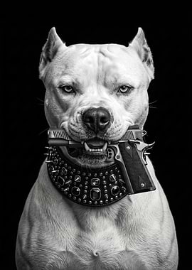 white Pitbull with Gun and Spiked Collar