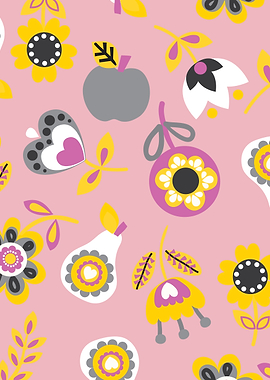 Cute Folk Art Floral and Fruit Pattern
