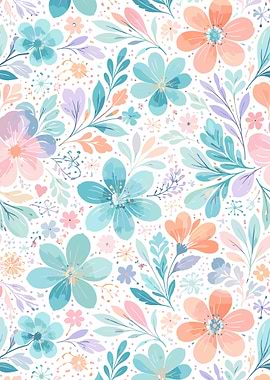 Watercolor Floral Pattern Poster, Pastel Flower Wall Art, Spring Garden Print