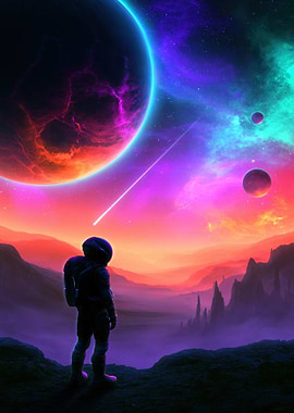 Astronaut on Alien Planet Watching Meteor Shower