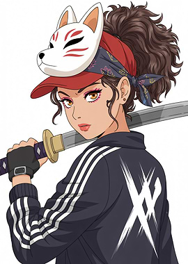 Anime girl with fox mask and katana