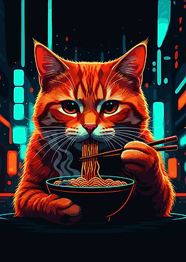 Orange Cat Eating Noodles