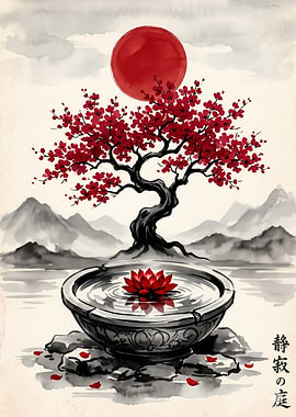 Zen Garden with Cherry Blossoms and Lotus