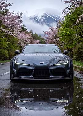 Toyota Supra with Mount Fuji and Cherry Blossoms