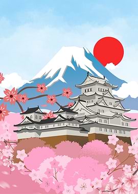 Japanese Castle with Mount Fuji and Cherry Blossoms