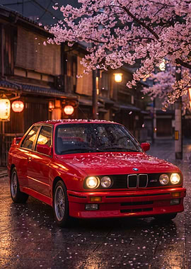 Red BMW E30 M3 in Cherry Blossom Alley