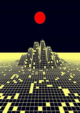 Retro Futuristic Cityscape with Red Sun