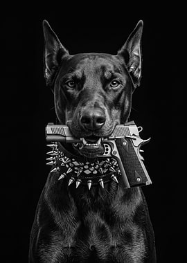 black Dog with Gun and Spiked Collar