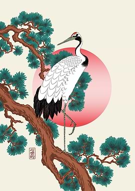 Crane on Pine Branch with Sun
