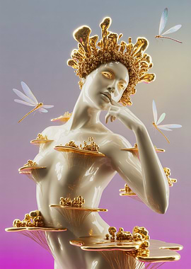Golden Fungi Goddess with Dragonflies