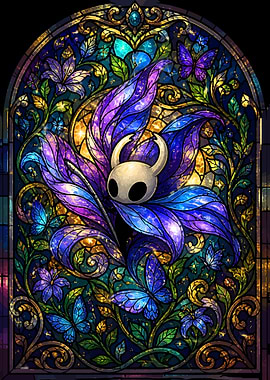 Stained Glass Knight with Flowers and Butterflies
