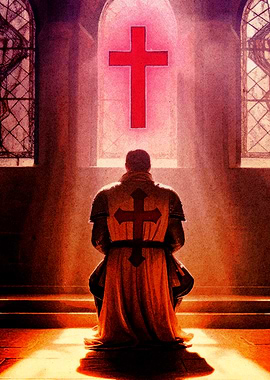 Knight praying before a red cross