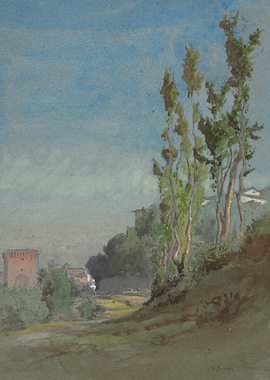 Watercolor Landscape with Tower and Trees