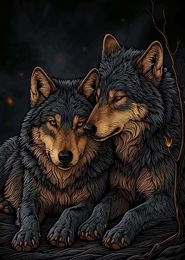 Two Wolves in Dark Forest