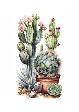Watercolor Cactus and Succulent Arrangement