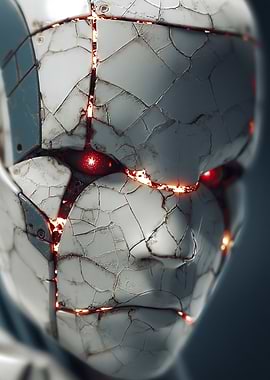 Cracked Robot Face with Glowing Red Eyes