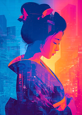 Geisha in a Futuristic Neon City