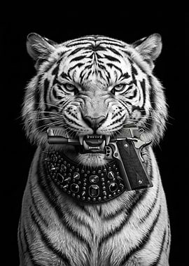 angry Tiger with Gun and Spiked Collar
