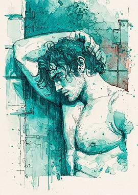 Teal Watercolor Male Ink Drawing