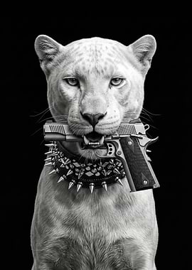white panther with Gun and Spiked Collar
