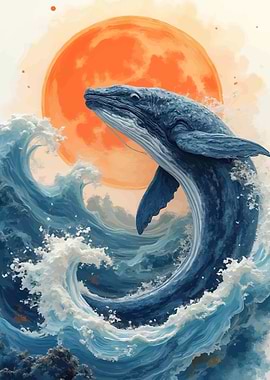 Whale breaching in front of a large orange moon