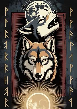 Two Wolves Howling at the Moon