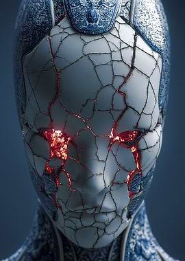 Cracked Porcelain Robot with Glowing Eyes