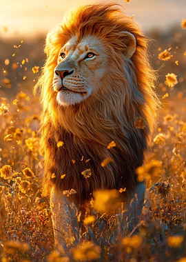 Majestic Lion in a Field of Flowers