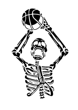 Skeleton playing basketball