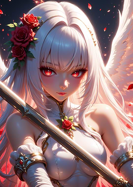 Anime Angel with Sword and Roses