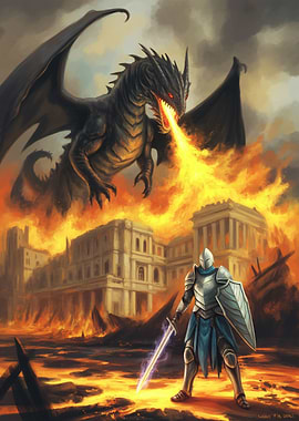 Knight vs Dragon in Fiery City