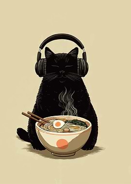 Black Cat Enjoying Ramen with Headphones