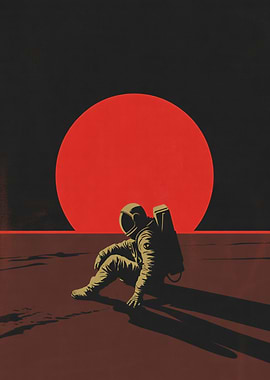 Astronaut sitting on Mars with red sun