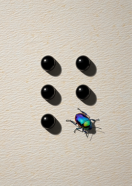 Iridescent Beetle and Black Spheres