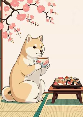 Shiba Inu Enjoying Tea and Sushi