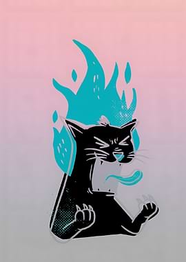 Angry Black Cat with Blue Flames