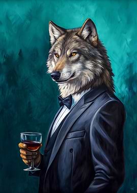 Sophisticated Howl: Wolf in a Tuxedo with a Glass of Wine