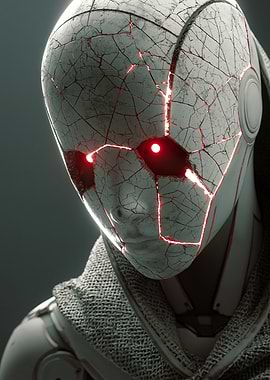 Cracked Robot with Glowing Red Eyes