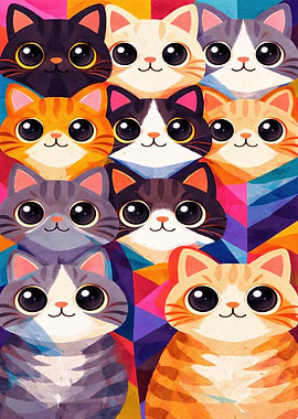 Cute Cartoon Cats on Geometric Background