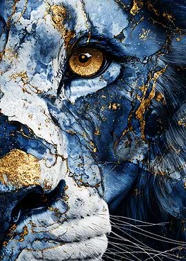Golden Eye Lion – Ultra Detail Blue & Gold Abstract Portrait